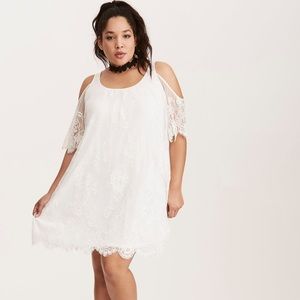 Torrid white lace cold shoulder trapeze dress
